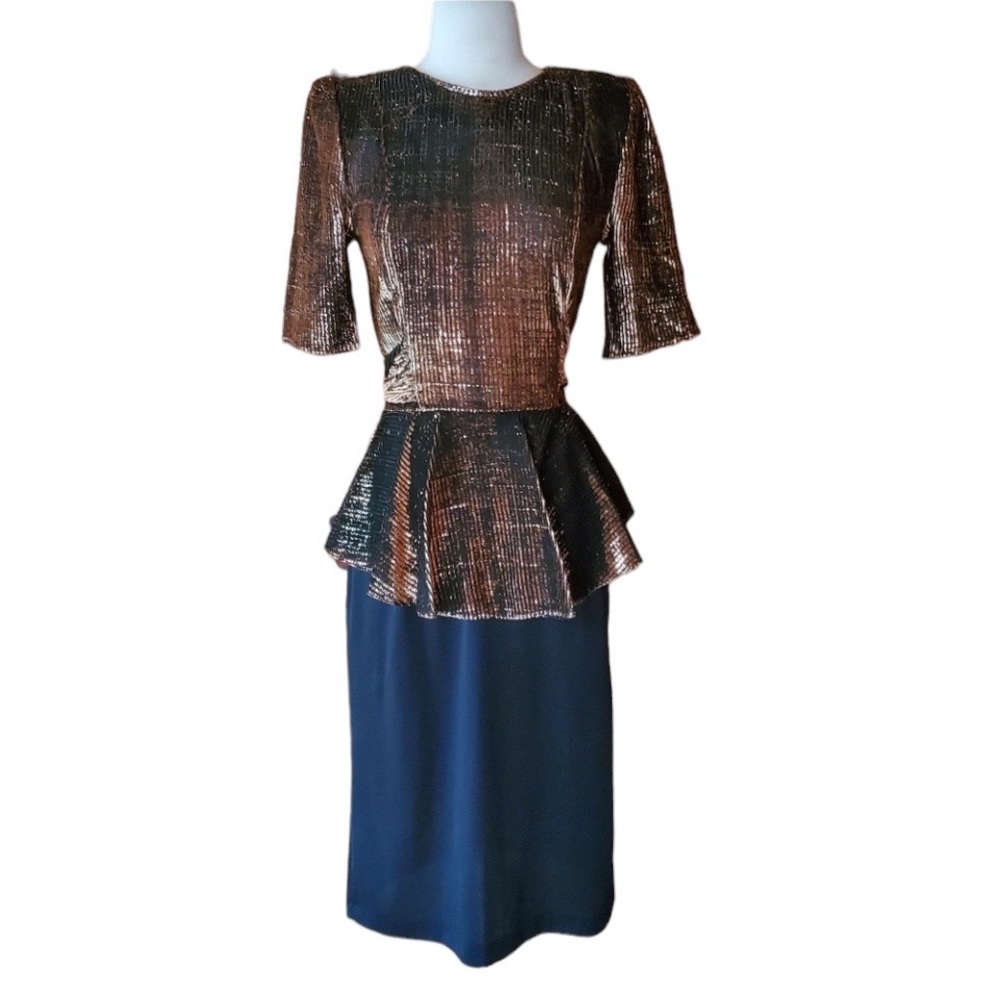 1980s Karat Club Black & Metallic Copper Peplum Dr